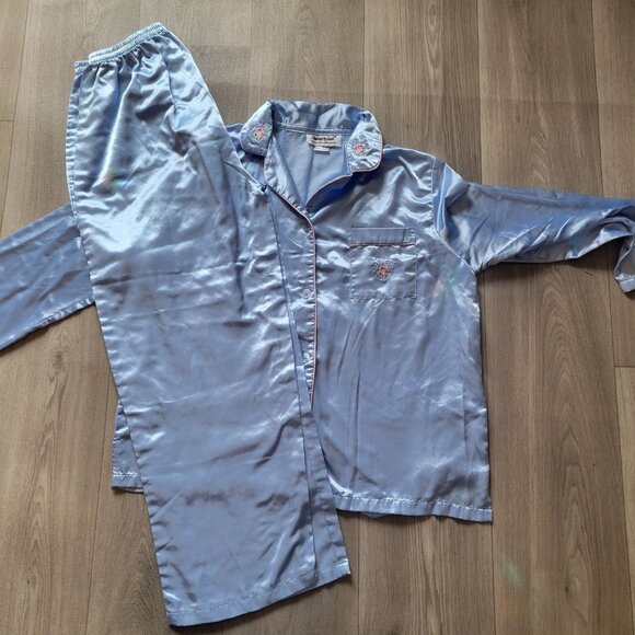 Anthony Richards Womens Light Blue Satin Pajama Set Embroidered Collar Pocket Lp - Picture 2 of 11
